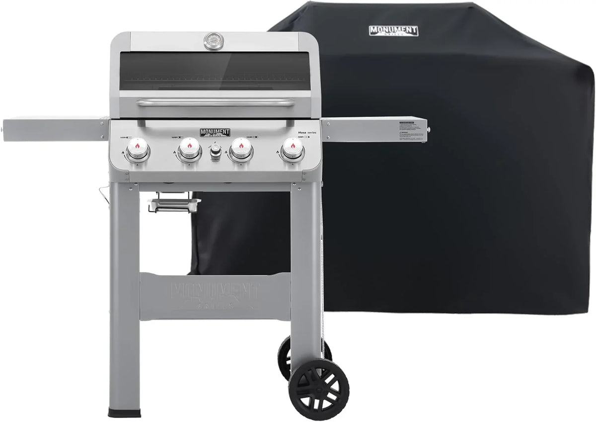Grills 4-Burner Liquid Propane Gas Grill, Silver Stainless Steel Grill Outdoor Patio Garden Barbecue Grill with Clearview Lid and One Foldable Shelf, Mesa400MF