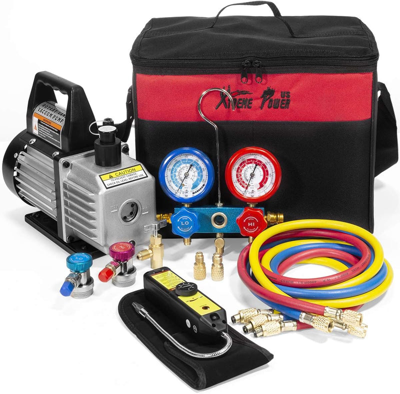 Premium 4CFM Air Vacuum Pump HVAC A/C Refrigeration Kit AC Manifold Gauge Case Set R134a Tap w/Leak Detector and Carrying Tote Bag J3520