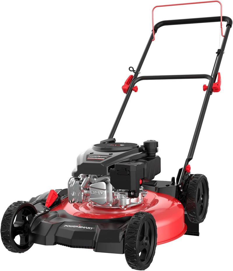 21-inch gas-powered lawn mower, equipped with a 144cc four-stroke all-terrain engine, featuring both crushing and side-discharge functions, with adjustable cutting height ranging from 6 positions. F4423