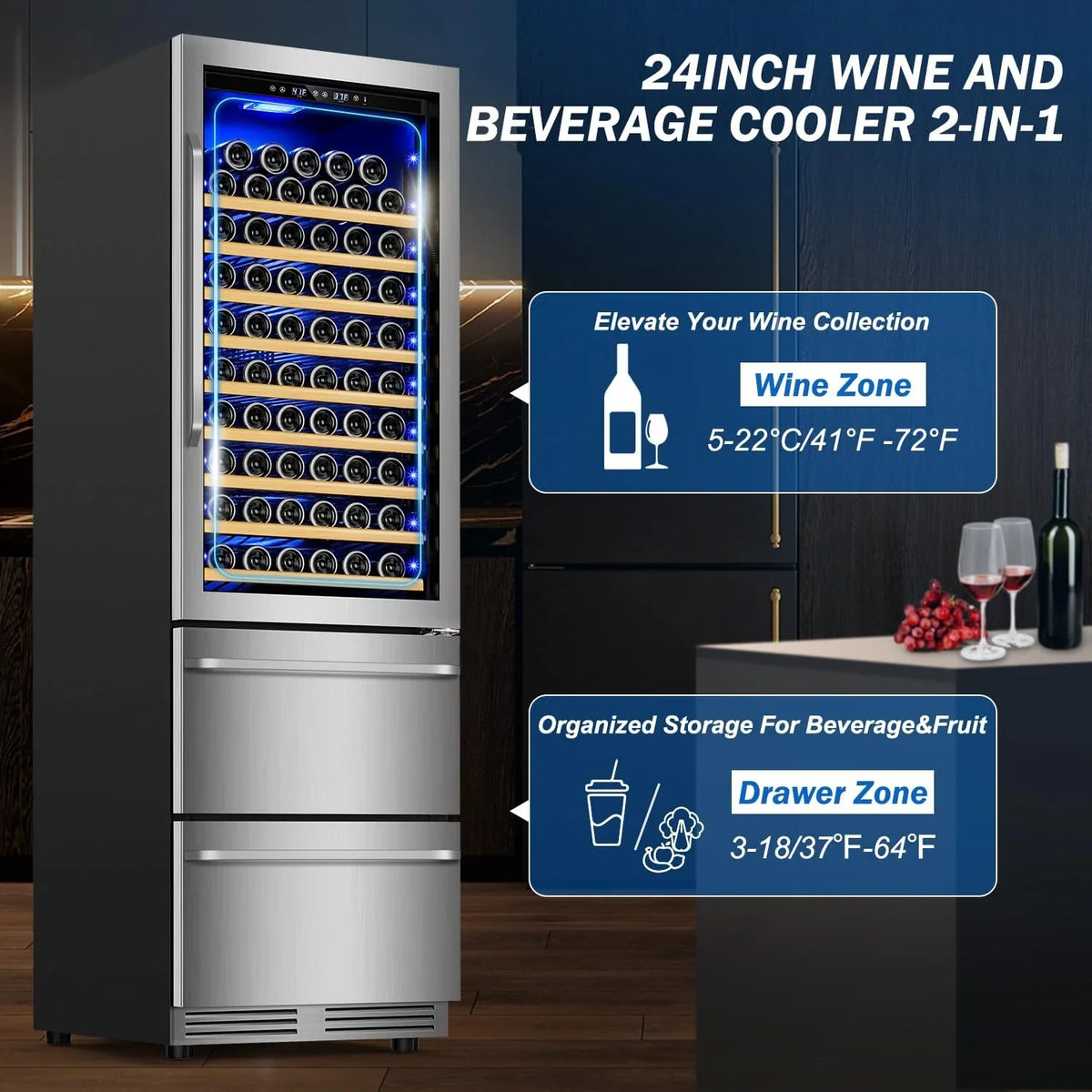 24 Inch Dual Drawer Fridge Under Counter with Wheels, Outdoor Beverage Refrigerator for Patio, Stainless Steel Weather-Proof, Freestanding or Built-In Installation, Ideal for Home and Commercial Use