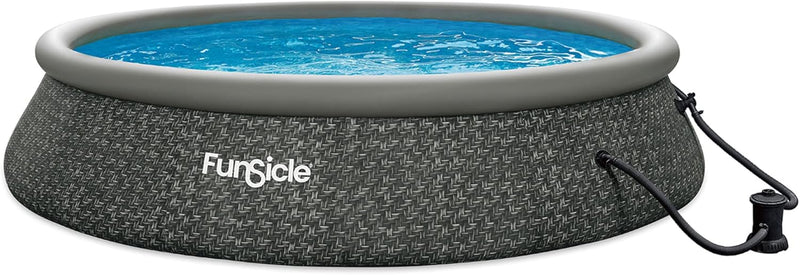 12 Foot by 36 Inch Quickset Round Inflatable Ring Top Outdoor Above Ground Swimming Pool Set with Pump and Cartridge Filter, Dark Herringbone Y1619