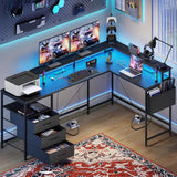 3 Drawers L Shaped Desk 63 Inch, 2 Power Strips (6 AC) and LED, Large Gaming Desk & 2 Monitor Stands, L Shape Computer Desk, Stable and Sturdy Home Office Desk, Fabric Drawers, Black