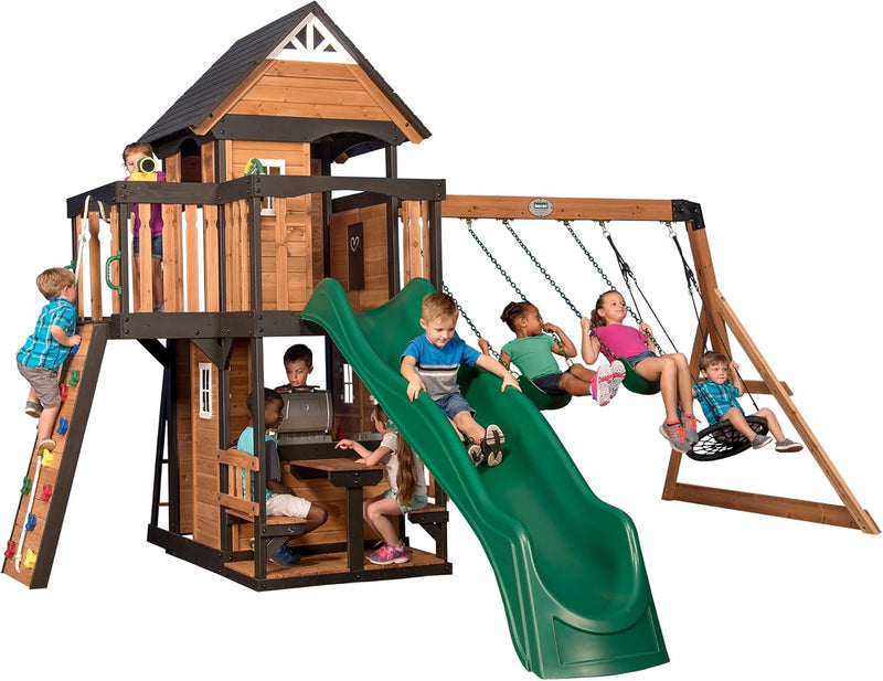 Gorge Creek Pure Pine Swing Set, Playhouse with Barbecue Grill, Plastic Utensils, Picnic Area, Steering Wheel, Double-Padded Swing, Rock Climbing Wall, Balcony, Terrace, Mesh Swing (Green Slide) C69