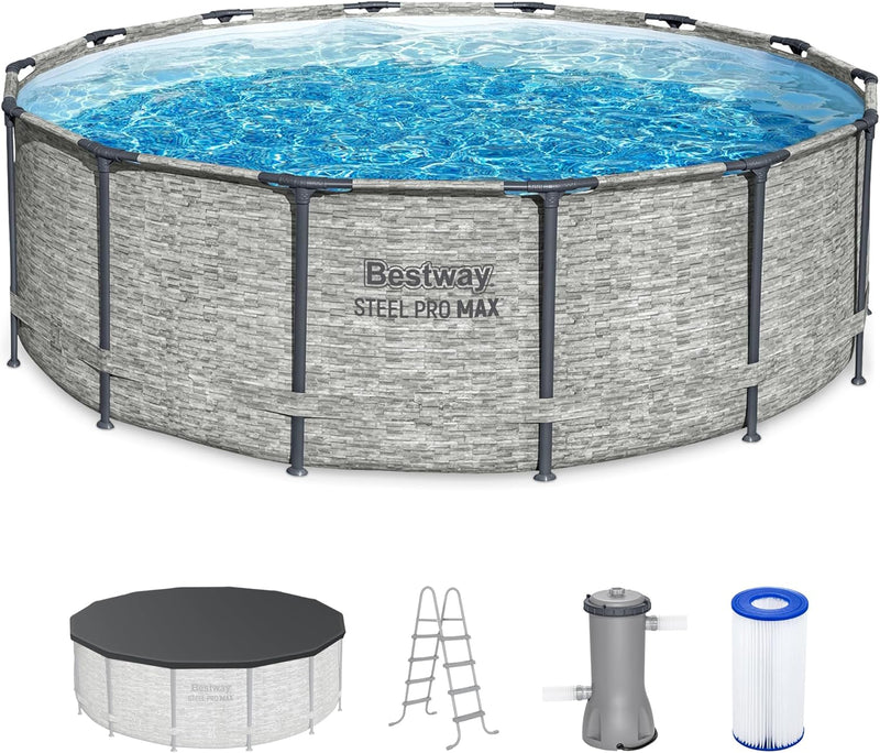 Above Ground Swimming Pool w/ Pump, Cover, & Ladder, 14' x 48", Steel Pro MAX, Gray - Backyard Outdoor Round Pool w/ Filter, 42-Inch Deep Water Z1632