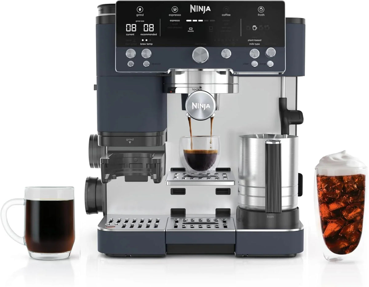 Italian coffee machine, drip coffee machine, rapid cold brew coffee machine, integrated grinder, hand-free milk frother, equipped with a strike plate, water filter, cleaning sheet, descaling agent