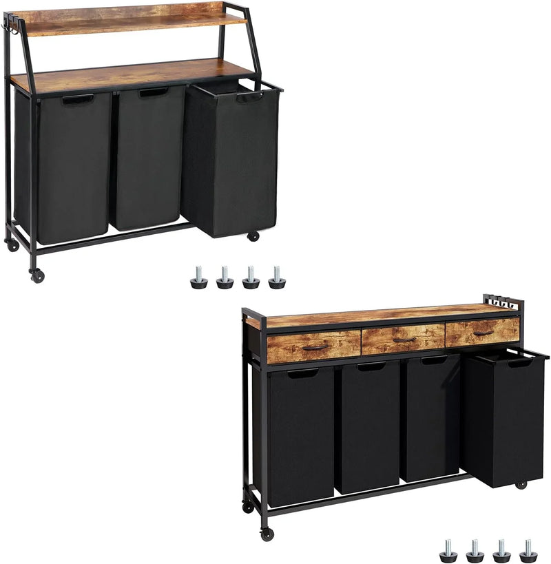 Two Laundry Hamper, Rolling Laundry Sorter with Wheels, 4 × 14.5 Gal (55 L), Pull-Out and Removable Laundry Bags, for Laundry Room, Rustic Brown Z4318