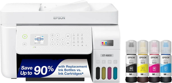 Epson EcoTank ET-4800 Wireless All-in-One Inkjet Printer, Scanner, Copier, Fax, ADF, Ethernet, White T9306