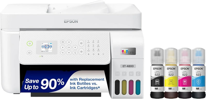 Epson EcoTank ET-4800 Wireless All-in-One Inkjet Printer, Scanner, Copier, Fax, ADF, Ethernet, White T9306