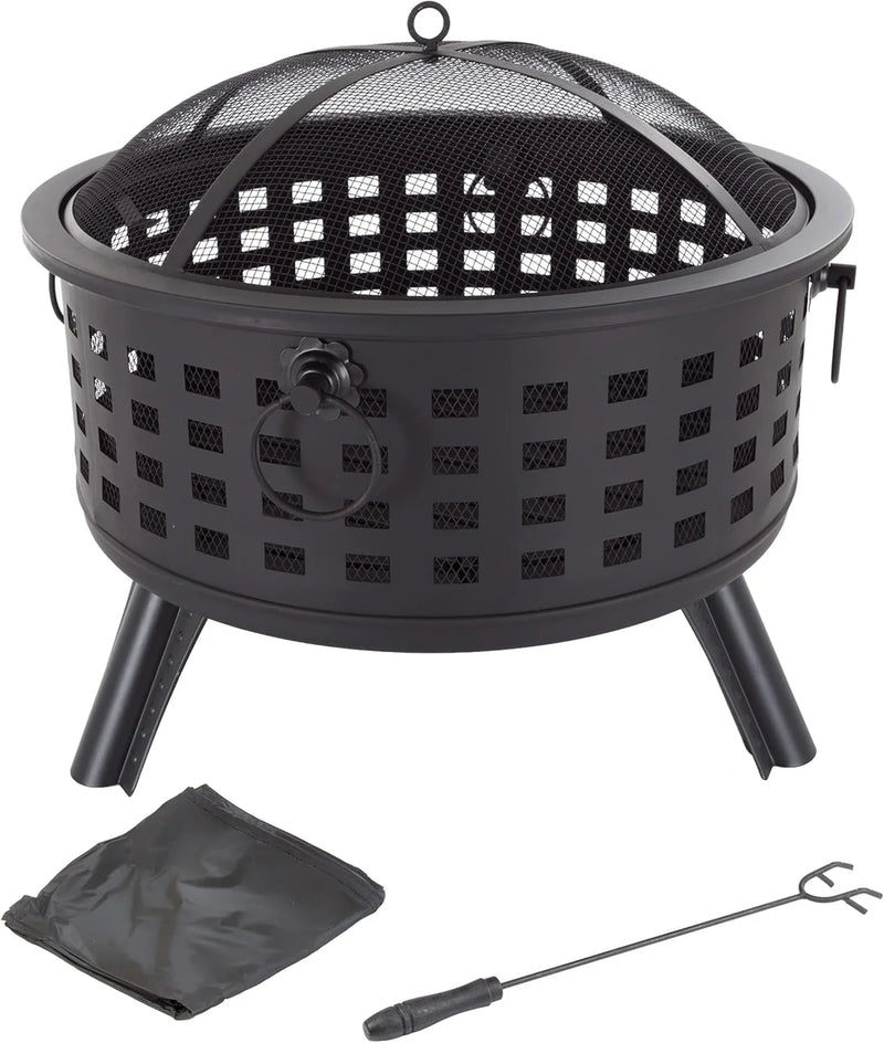 Outdoor Fire Pit - 26-Inch Round Lattice Wood Burning Firepit with Screen, Poker, Grate and Cover - Wood Fire Pits & Outdoor Fireplaces by Pure Garden T3512