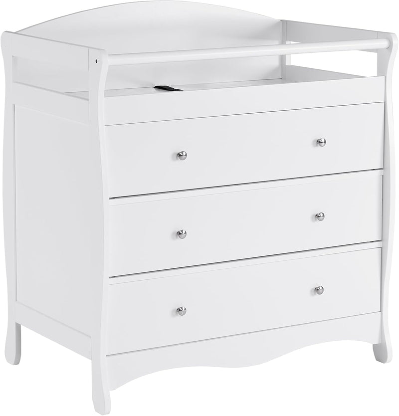 Changing Table Dresser Baby Diaper Changing Station Infant Nursing Table with 3 Drawers, Safety Rail & Strap for Bedroom, Nursery, White O5044