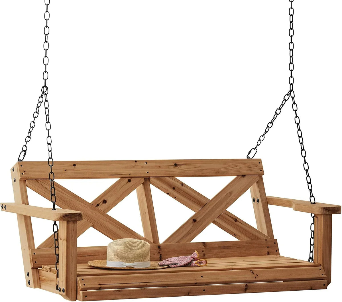 55" Cedar Wood Farmhouse Outdoor Porch Swing Bench with Two-Person Seating, Durable Hanging Chains, Water-Resistant, Heavy-Duty 600 Lbs Weight Capacity for Patio, Deck, Garden