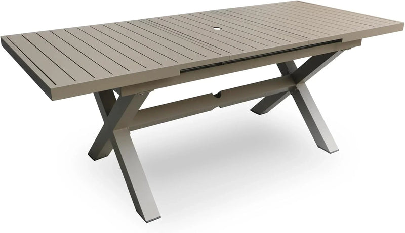 Extendable Patio Dining Table for 6-8, 63''-83'' Outdoor Aluminum Table w/Umbrella Hole, Rectangle Slatted Tabletop, Metal X-Trestle for Meals Garden Deck Backyard Gathering Party - Light Brown X7139