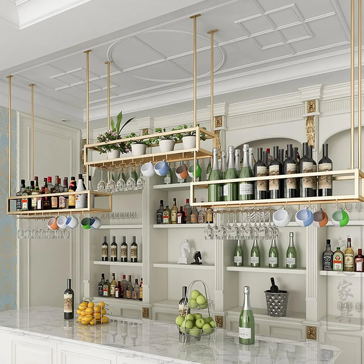 Wall Mounted Wine Rack for Bars & Restaurants Gold Metal Hanging Storage for Wine Bottles & Stem Glasses Perfect for Dining Room & Kitchen Decor Space Saving Design