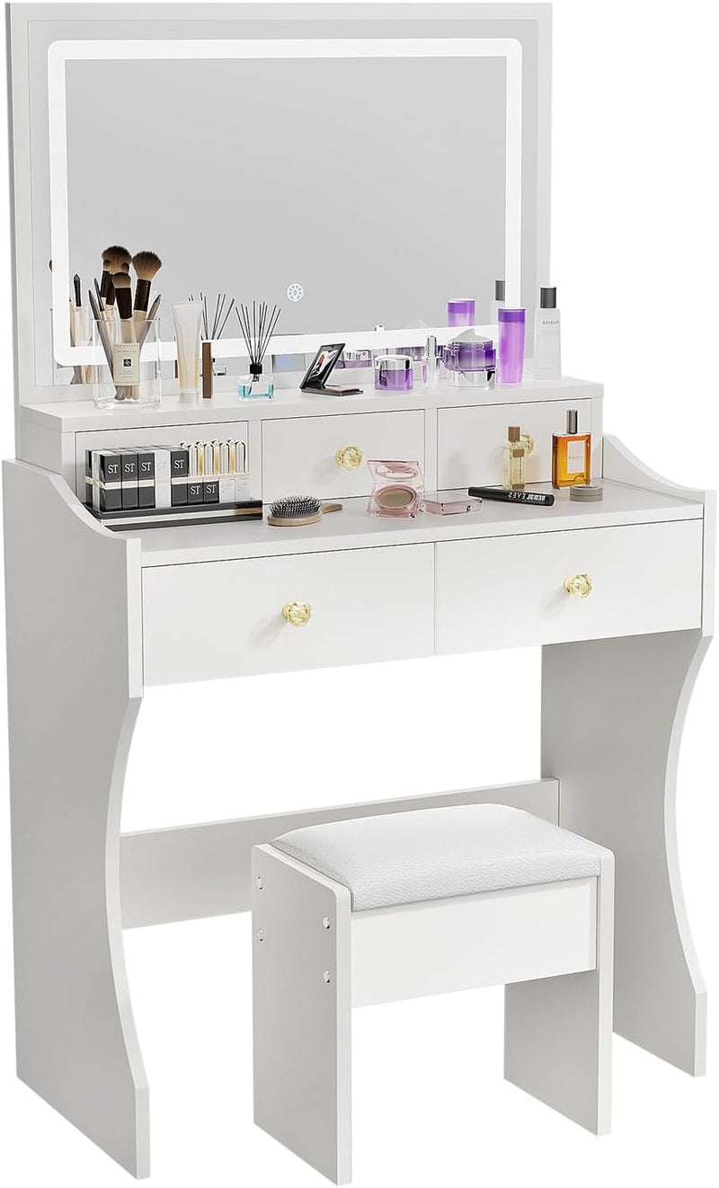Makeup Table with Extra Large Mirror and Lights, 80cm Dressing Table with Stool U3067