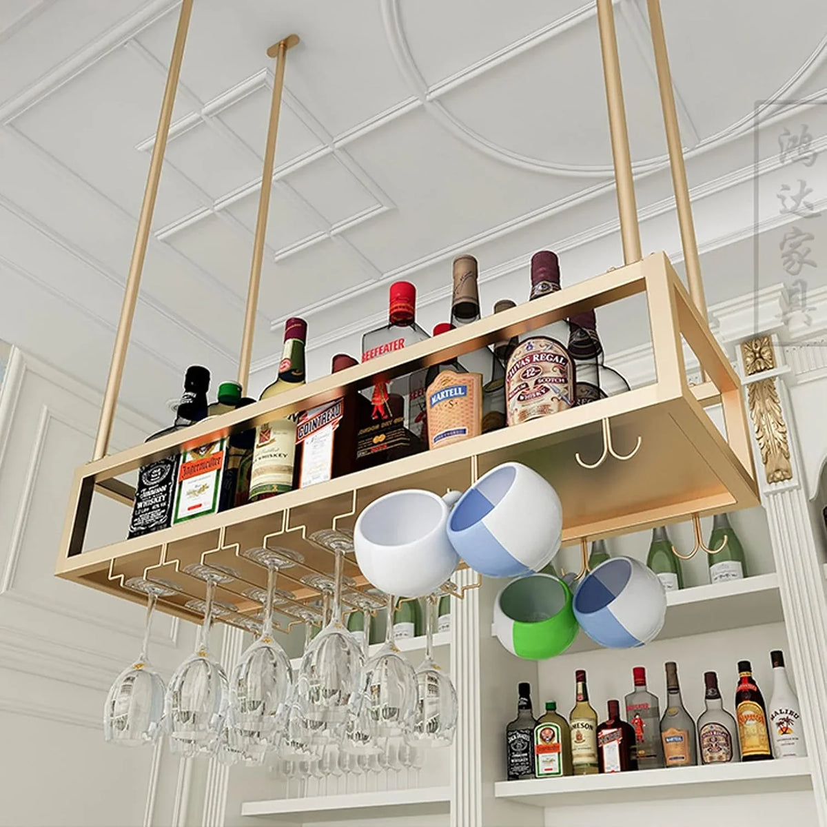 Wall Mounted Wine Rack for Bars & Restaurants Gold Metal Hanging Storage for Wine Bottles & Stem Glasses Perfect for Dining Room & Kitchen Decor Space Saving Design