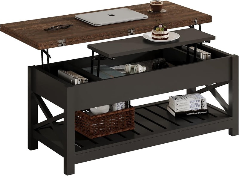 Multi-Function Convertible Coffee Table with Storage and Hidden Compartment, Converts to Dining Table, 40 White & Brown M844