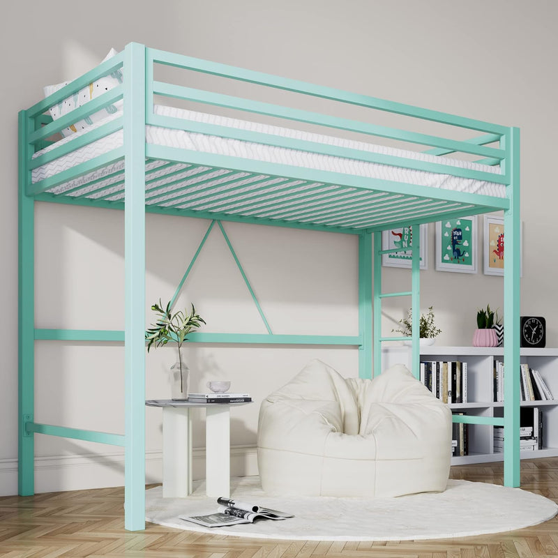 Loft Bed Twin Size with Ladder and Guardrail,Heavy Duty Metal Slats Support No Box Spring Needed Small Space Saving Furniture for Bedroom Dorm,Black P9005