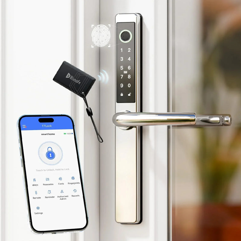 Smart Lock Fingerprint Door Lock with IC Card & App Control, Keyless Entry Smart Door Lock for 40–75mm Doors, Multipoint Locking System Door Lock Apply toWooden/Metal/PVC Door (OS Frosted Silver) S9482