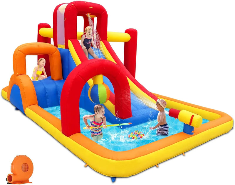 Inflatable Water Slide, 10 in 1 Water Park Bounce House with Blower, Splash Pool, 2 Slides, Water Cannon, Climbing Wall, Blow up Water Slides for Kids Outdoor Backyard T3886