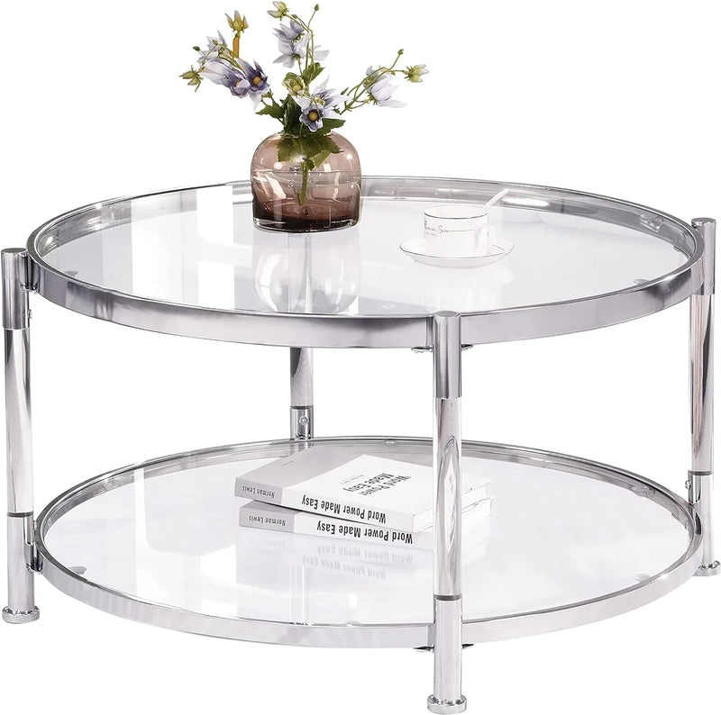 A round coffee table with a metal frame, the surface is made of chrome-plated acrylic glass. R5329