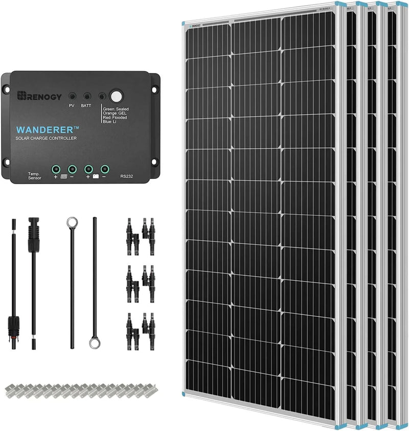 400 Watt 12 Volt Premium 4 Pcs 100W Panel 40A MPPT Charge Controller Wireless Module Fuse Mounting Z Brackets Adaptor Kit Tray Cables Set, 400W, Grid 12V Solar Power System Z5562
