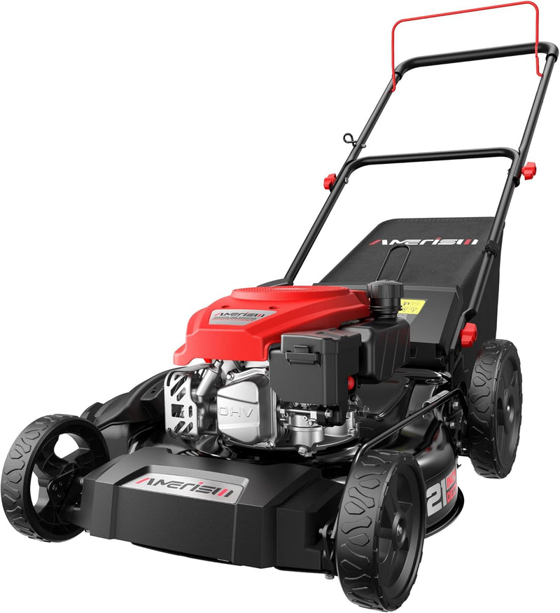 21" Steel Deck Gas Lawn Mower, 3-in-1 Push Mower, 144cc 4-Stroke OHV Engine, 6 Height Adjustment, 1.4 Bushel Grass Catcher with Bagging, Mulching & Side Discharge Efficient for Yard Garden O7290