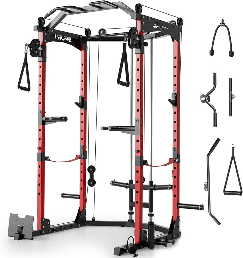 Power Cage,2000LBS Adjustable Multi-Functional Power Racks, Dual Pulley Cable System, Squat Rack for Strength Fitness, with More Training Attachment for Home Gym I6286