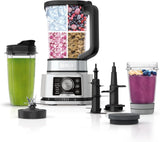 Blender and food processor combination set, powerful blender system, suitable for making smoothies, bowl foods, spreads and milkshakes, with 6 functions, 72-ounce water jug, portable cup, silver color, SS401 model.