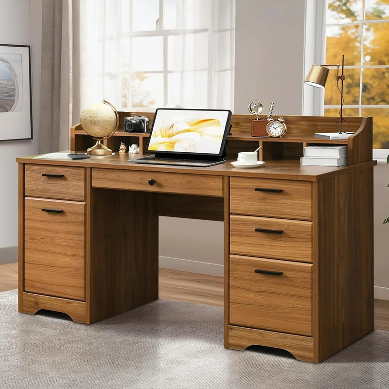 Executive Desk with Drawers, 58 Inch Desk with Storage, Wood Executive Desk with 6 Drawers, Study Desk for Bedroom, Business Furniture Desk with File Cabinet, Vintage Brown A3405