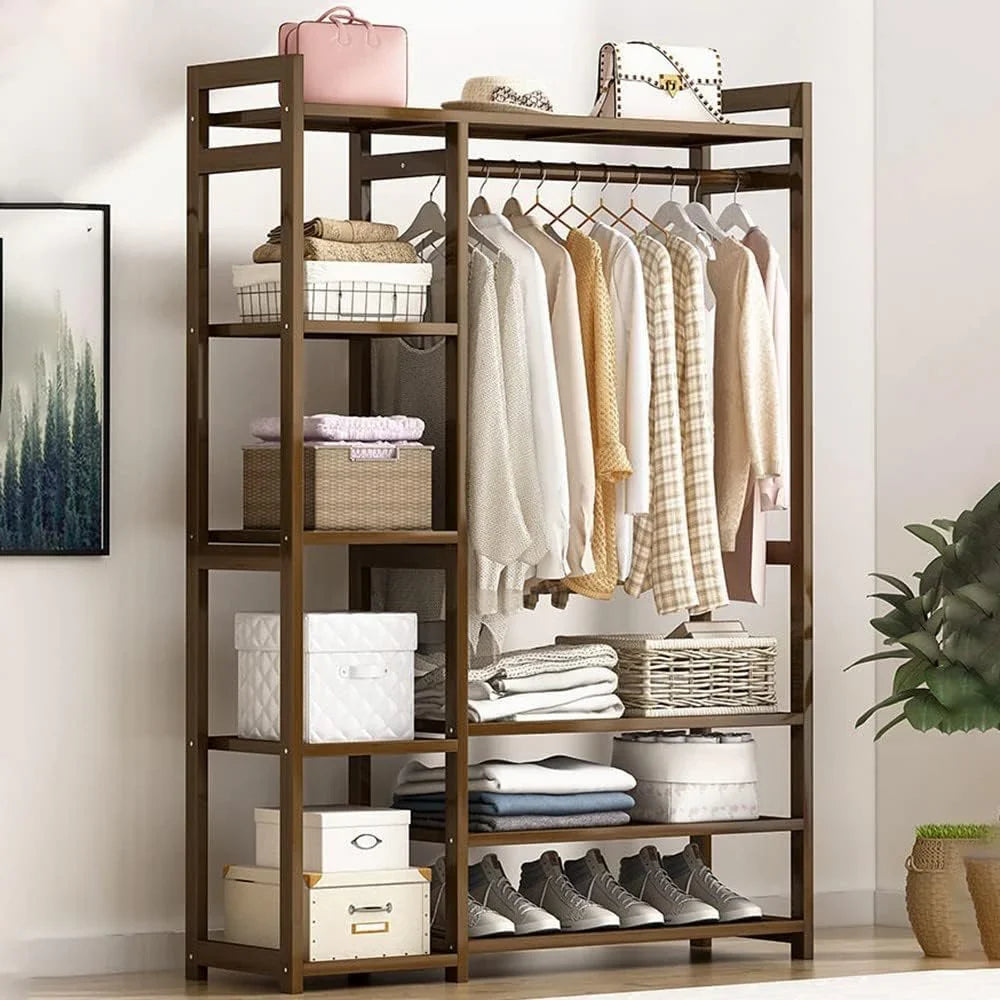 Floor-Standing Solid Wood Rotating Coat Rack，Portable Bamboo Clothes Rack - Versatile Closet Organizer with Storage Shelves and Compartments for Bedroom, Entryway, or Living Room - Stylish a