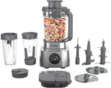 Blender and food processor combination set, powerful blender system, suitable for making smoothies, bowl foods, spreads and milkshakes, with 6 functions, 72-ounce water jug, portable cup, silver color, SS401 model.