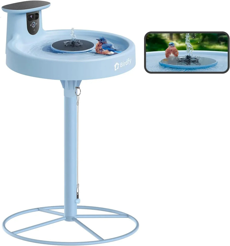 Smart Bird Bath, equipped with a camera, solar power supply, fountain and stand. It features a dual-lens camera for bird observation, automatically captures bird videos and has motion detection functionality. V1034
