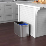 16-gallon contact-free trash and recycling bins, made of stainless steel, with a double compartment design (each compartment holds 8 gallons), suitable for recycling and waste disposal in the kitchen.