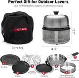 Stainless steel non-smoking portable tabletop charcoal grill with a frying pan, an outdoor barbecue grill with 10 functions, suitable for camping, boats and RVs, is the perfect combination for an outdoor kitchen (fully equipped)