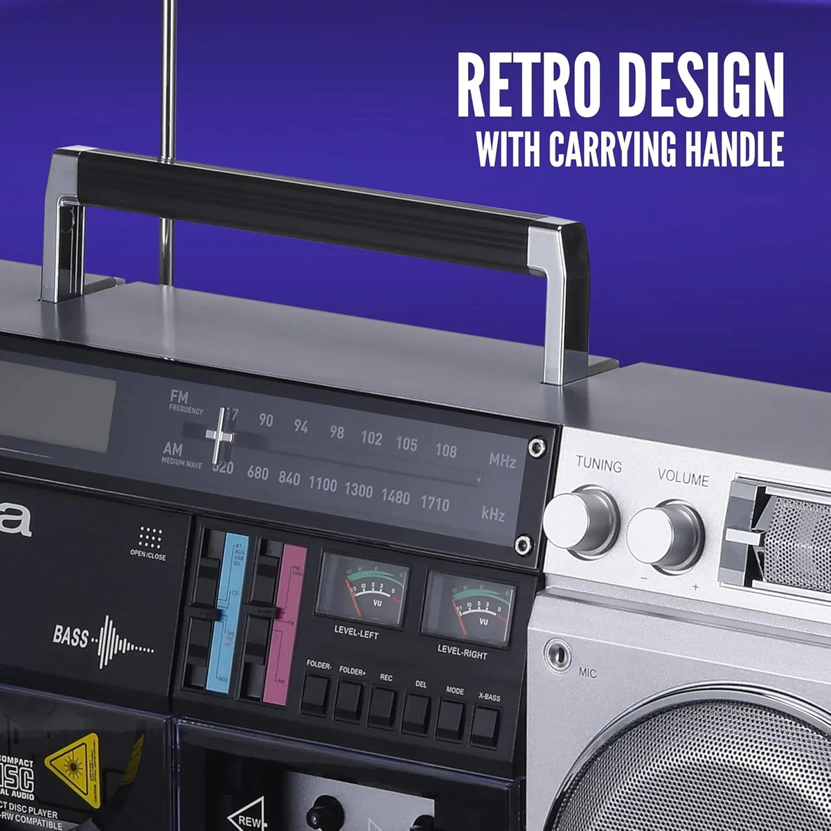 Retro-style portable CD player, featuring tape recording function, Wireless 5.0 technology, FM/AM radio, USB/SD/AUX input interfaces, VU meter, LCD display, dual 40-watt speakers - silver