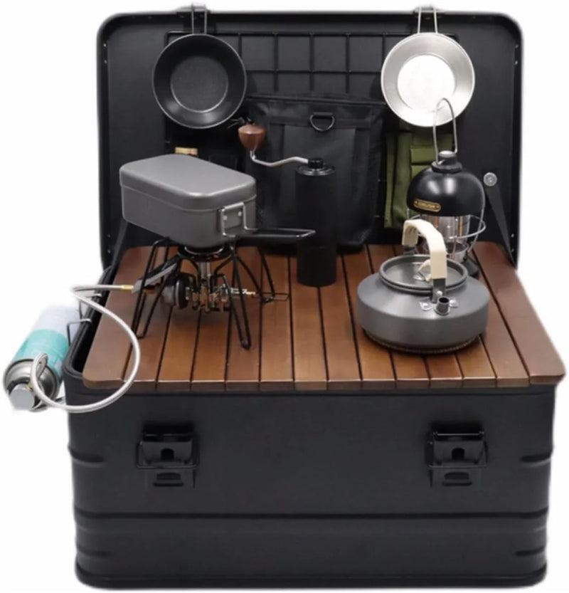 Camping box - Waterproof outdoor metal storage box, 47 liters, portable RV box, equipped with a wooden table and a set of 3 storage bags, large capacity storage box I6551