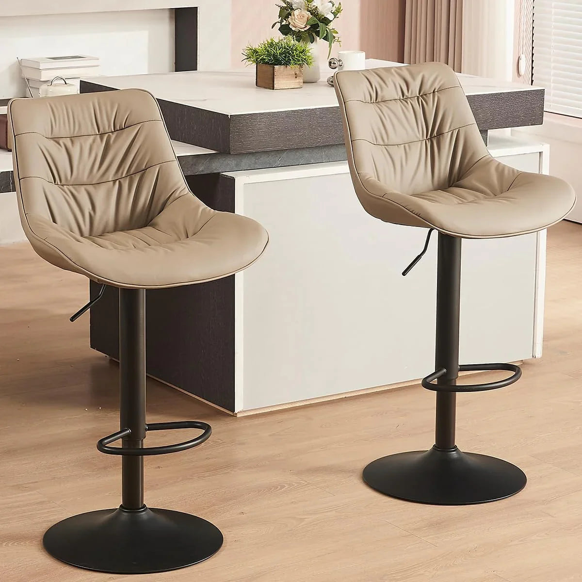 Bar stool set (2-piece) Adjustable rotating style, black color, covered with PU leather and equipped with a backrest, suitable for medium-height stools used in kitchen island or home bar.