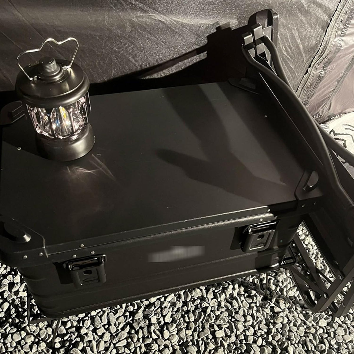 Camping box - Waterproof outdoor metal storage box, 47 liters, portable RV box, equipped with a wooden table and a set of 3 storage bags, large capacity storage box