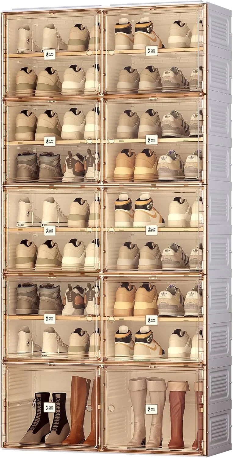 Portable shoe rack organizer, suitable for the entrance of the closet, stackable storage cabinet for sports shoes, shoe cabinet with magnetic transparent doors, large plastic storage container box (with lid), with 5 layers, can hold 20 pairs of shoes Y415