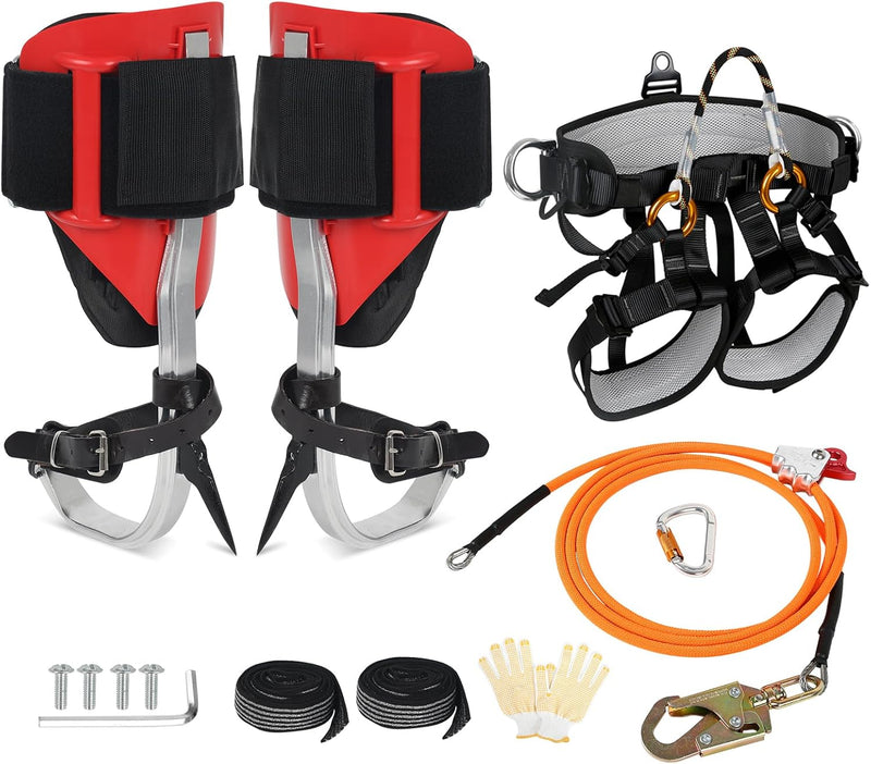 Tree Climbing Spikes Set for Tree Work, Adjustable Tree Climbing Gear with Safety Seat for Tree Climbing and 10FT Steel Wire Core Flip Line Kit for Outdoor Jungle Survival Fruit Picking S3319