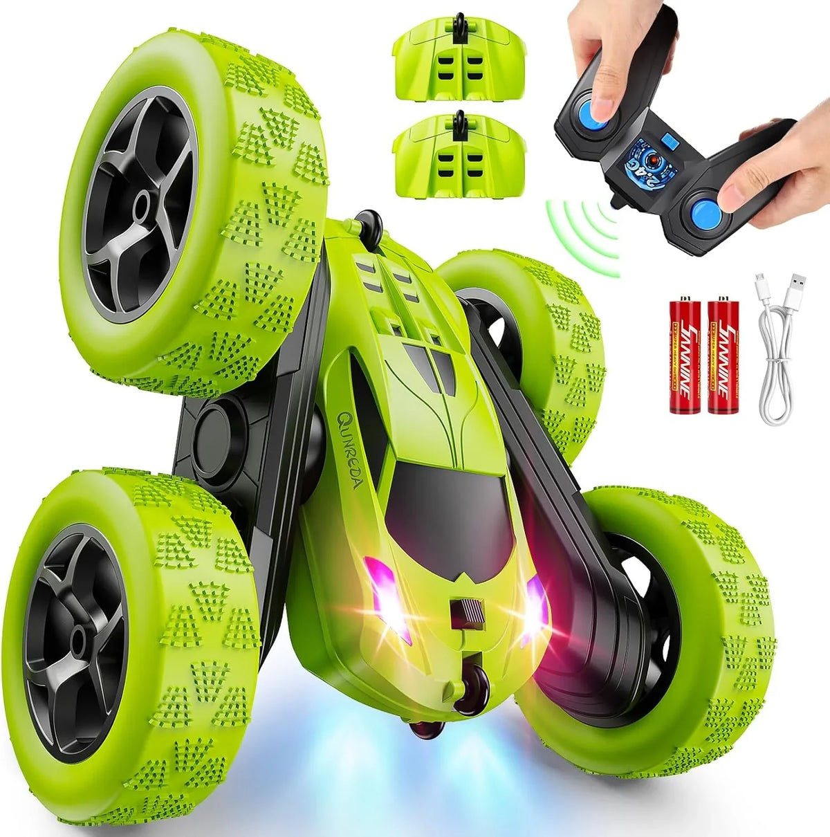 Children's version remote control car (suitable for children over 6 years old), RC car stunt toy, four-wheel drive, double-sided design, 360° rotating remote control, with headlights, is a birthday or Christmas gift for boys aged 6, 7, 8, 9, 10, 11