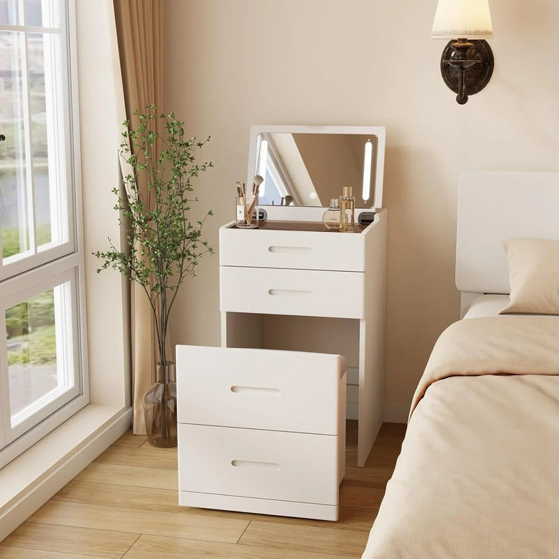 Solid Wood 3 in 1 Vanity Desk with Flip Top Mirror, No Assembly, Compact Vanity with Hidden Chair, Small Makeup Vanity Set with Power Outlet, Dressing Table for Bedroom, White X3526