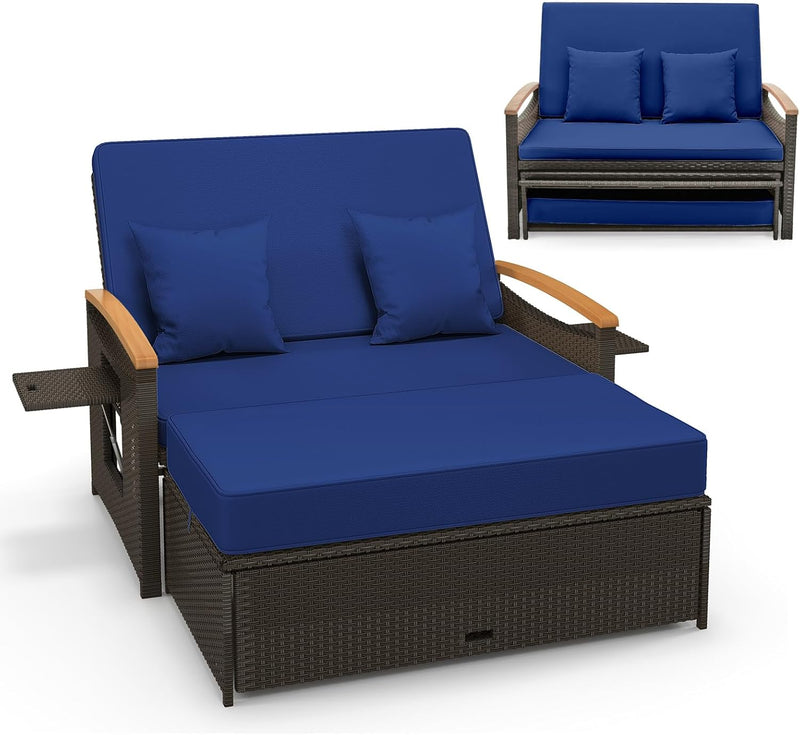 Moccha Outdoor Wicker Daybed, Patio Rattan Loveseat Sofa w/ 4-Level Adjustable Backrest, Folding Panels, Storage Ottoman & Cushions, Lounge Furniture Set for Poolside Backyard Porch (Beige) K1318