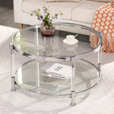 A round coffee table with a metal frame, the surface is made of chrome-plated acrylic glass.