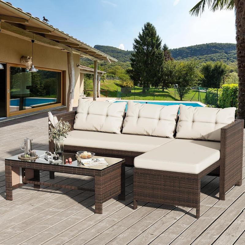 Outdoor Patio Furniture Sets, Wicker Patio sectional Sets 3-Piece, All Weather Wicker Rattan Patio Seating Sofas with Glass Coffee Table and Cushion (Beige) M8238
