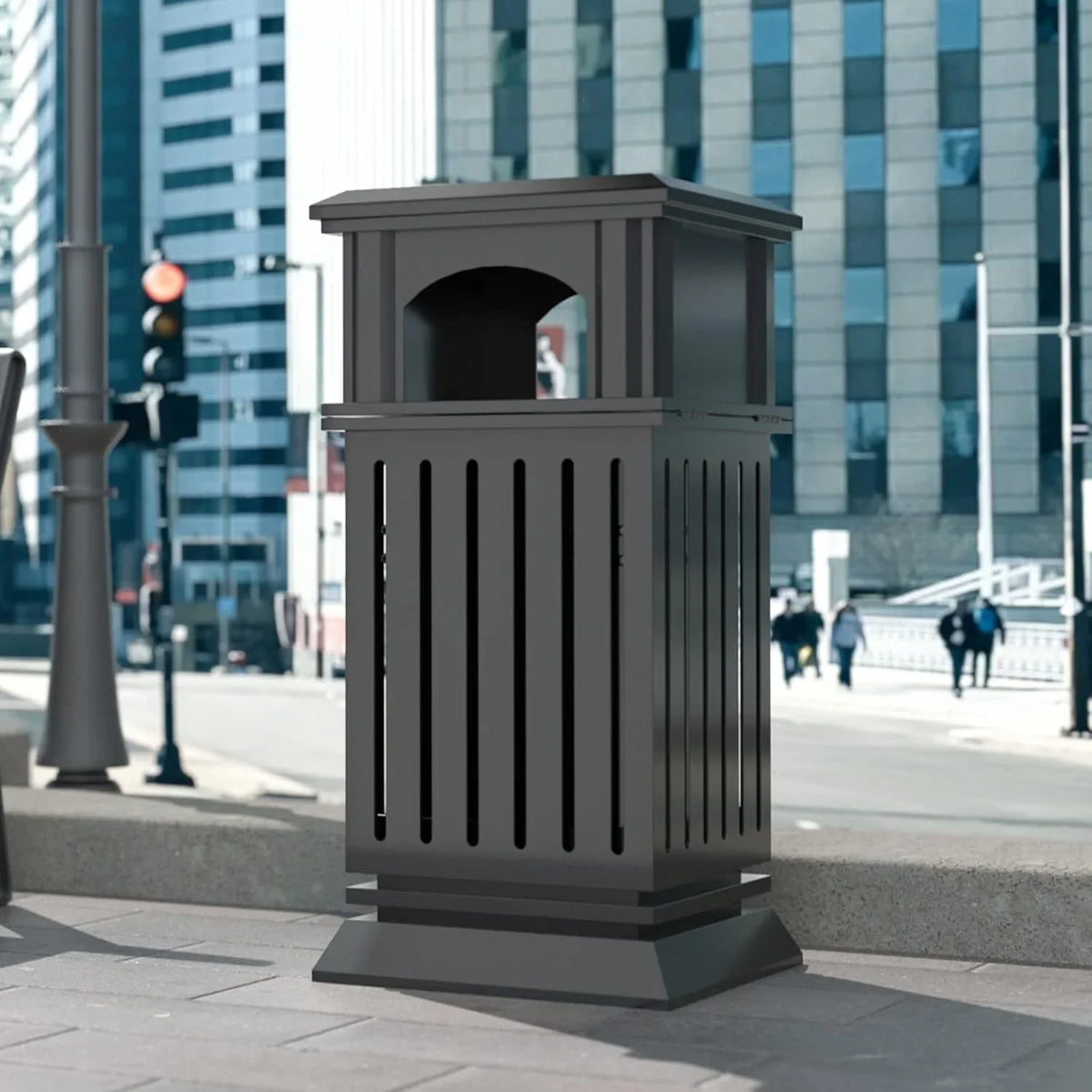 Outdoor trash bin top tray matte black stainless steel commercial waste storage box with lock cover. Heavy-duty industrial garden garage garbage container, dimensions: 35.5 * 15.8 * 15.8 inches.