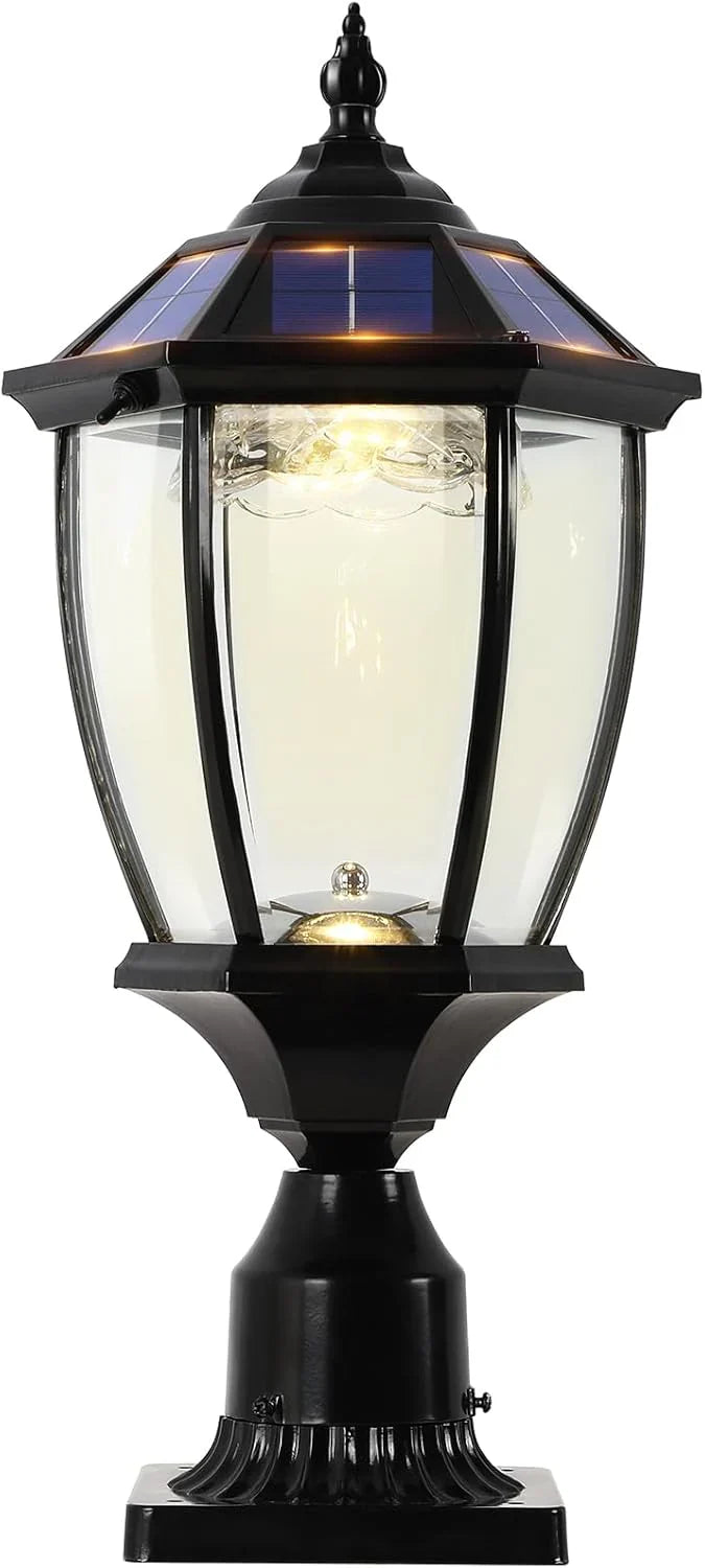 2-Heads Outdoor Solar Lamp Post Lights with Dusk to Dawn Sensor, Classic Exterior Solar Pole Lights with Waterproof, Black Street Lights with Clear Glass for Garden, Patio, Pathway, Driveway