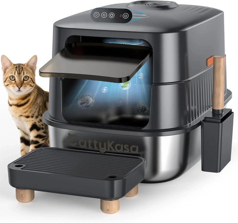 Stainless steel litter box, three-in-one enclosed high-sided litter box, equipped with a high lid, suitable for cats, anti-stick, anti-leak, easy to clean, with a scoop and filter step. X4939
