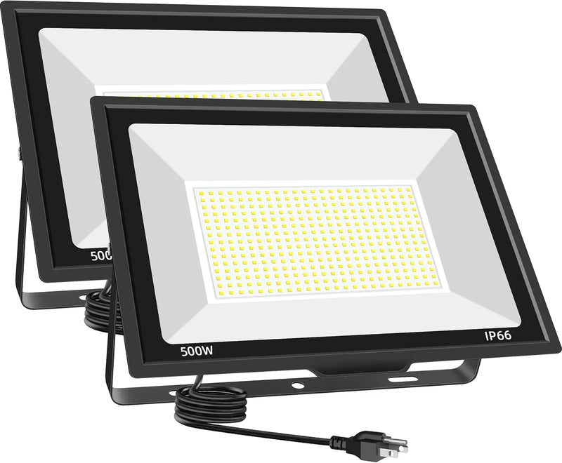 500W LED Flood Light Outdoor 2 Pack, 2000W Equivalent FloodLight with Plug, Super Bright 55000LM 5000K Daylight White IP66 Waterproof Commercial Lighting for Sports Fields,Courts,Arena,Stadium P1936
