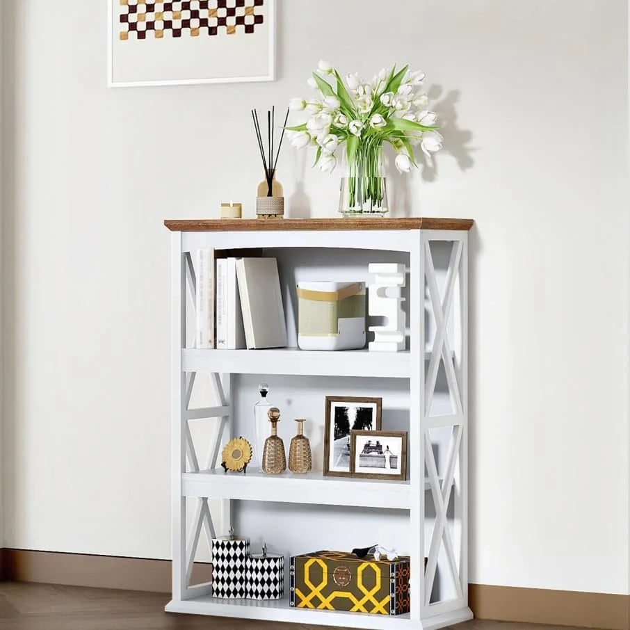 Farmhouse Sofa Table with Power Outlet-4-Tier Bookcase, 42.9" Floor Standing Organizer Shelf